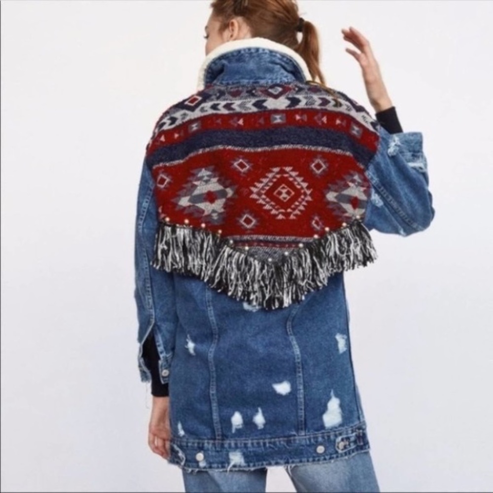 Zara Trafaluc Distressed Denim Fringed Studded Aztec Faux Fur Jacket